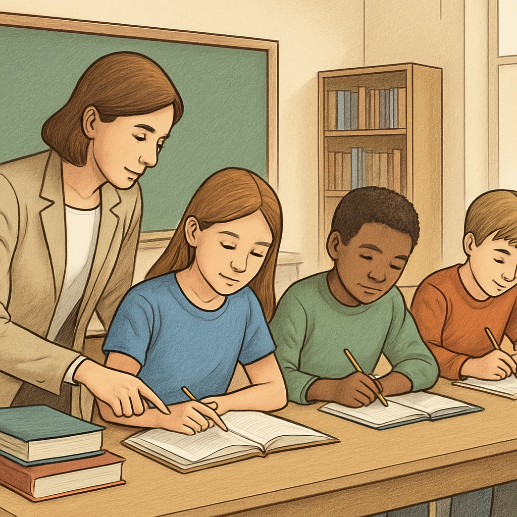 A teacher guiding a small group of students in a supportive learning environment. Supportive learning environment for returning students in UK education.