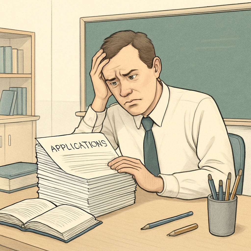 A frustrated teacher looking at application paperwork, symbolizing barriers to recruitment. Teacher reviewing paperwork related to Oklahoma's political ideology test policy.