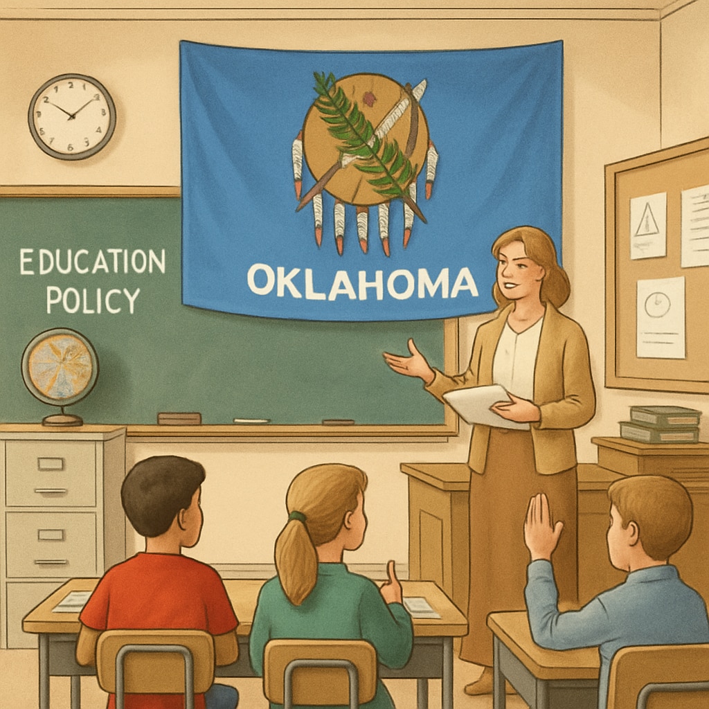 A classroom in Oklahoma with the state flag visible, symbolizing education policy changes. Oklahoma classroom with state flag representing education policy changes.