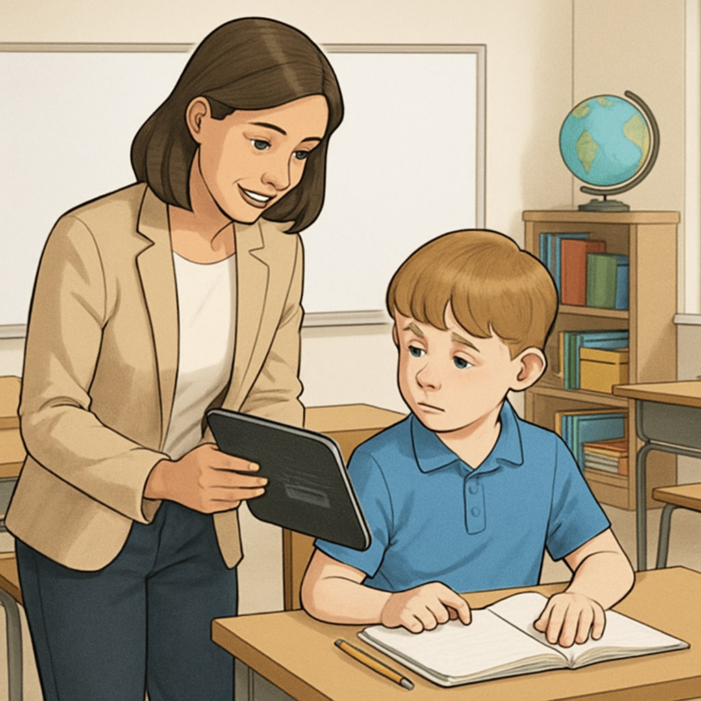 A classroom where a teacher is helping a student with a learning disability using a tablet for personalized learning. A teacher assisting a student with learning disabilities in a classroom using personalized learning tools.