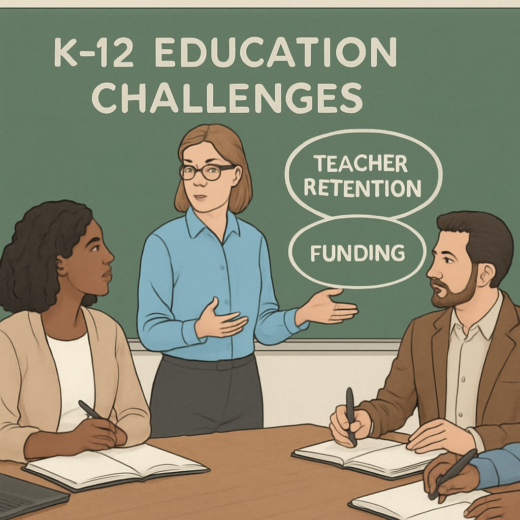 A university classroom or meeting setting, showcasing educators discussing solutions to K-12 challenges. University of California employees discussing student development strategies.