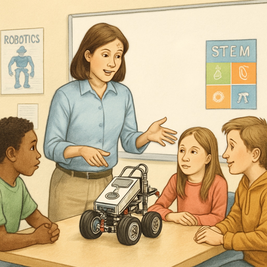 Educator with dual degrees showcasing robotics in a K12 STEAM classroom.