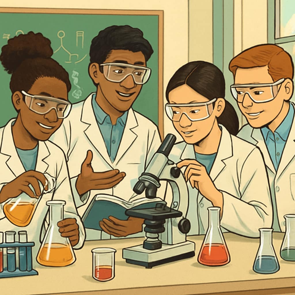 A diverse group of students working together in a science lab, highlighting inclusivity in education. Students of different backgrounds collaborating in a science lab, emphasizing inclusive education.
