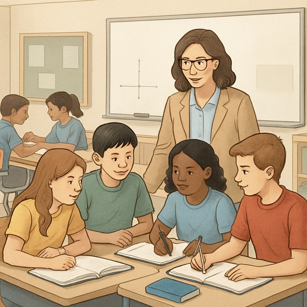 A group of students engaging in collaborative learning, guided by an educator in a classroom setting. Students and educators collaborating on innovative learning methods.