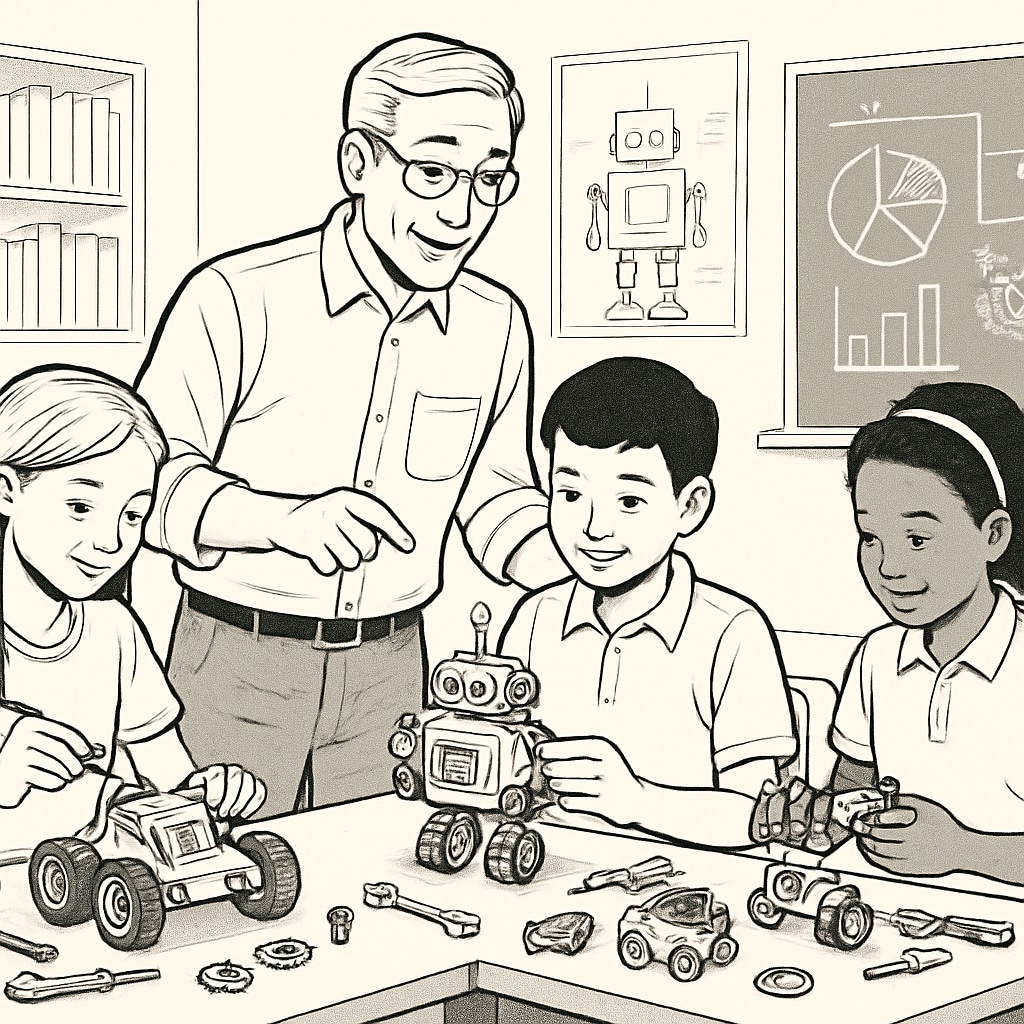 A classroom with students working on a robotics project, guided by a teacher with dual expertise in education and engineering. Students working on robotics with an educator who specializes in education and engineering.