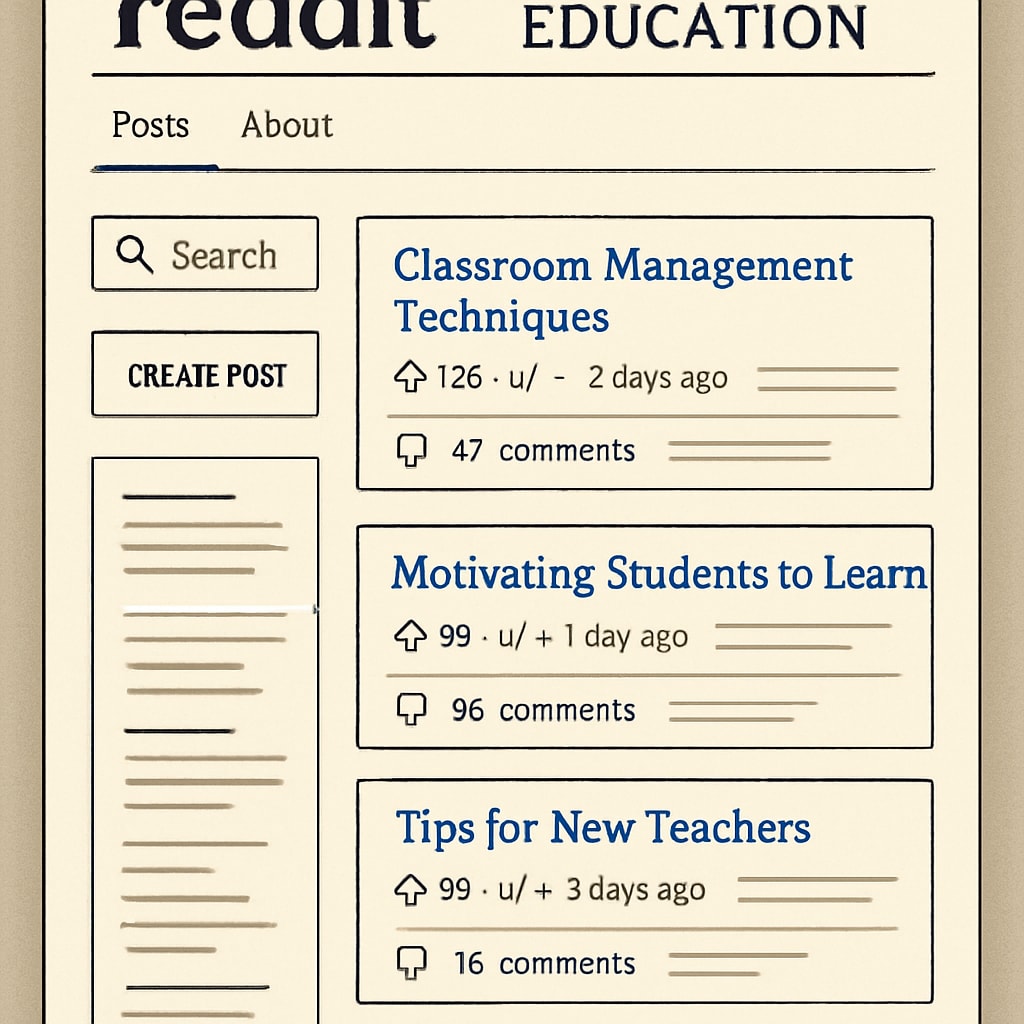 A screenshot of a well-organized Reddit education subreddit with visible discussion threads on classroom strategies and teaching tips. A Reddit education subreddit showcasing community rules and shared resources.
