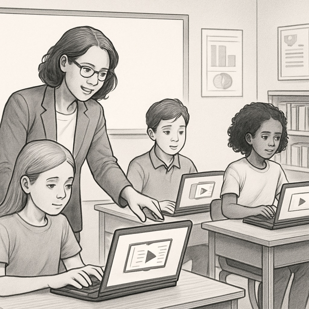A teacher helping students access K12 educational content on laptops amid internet regulations.
