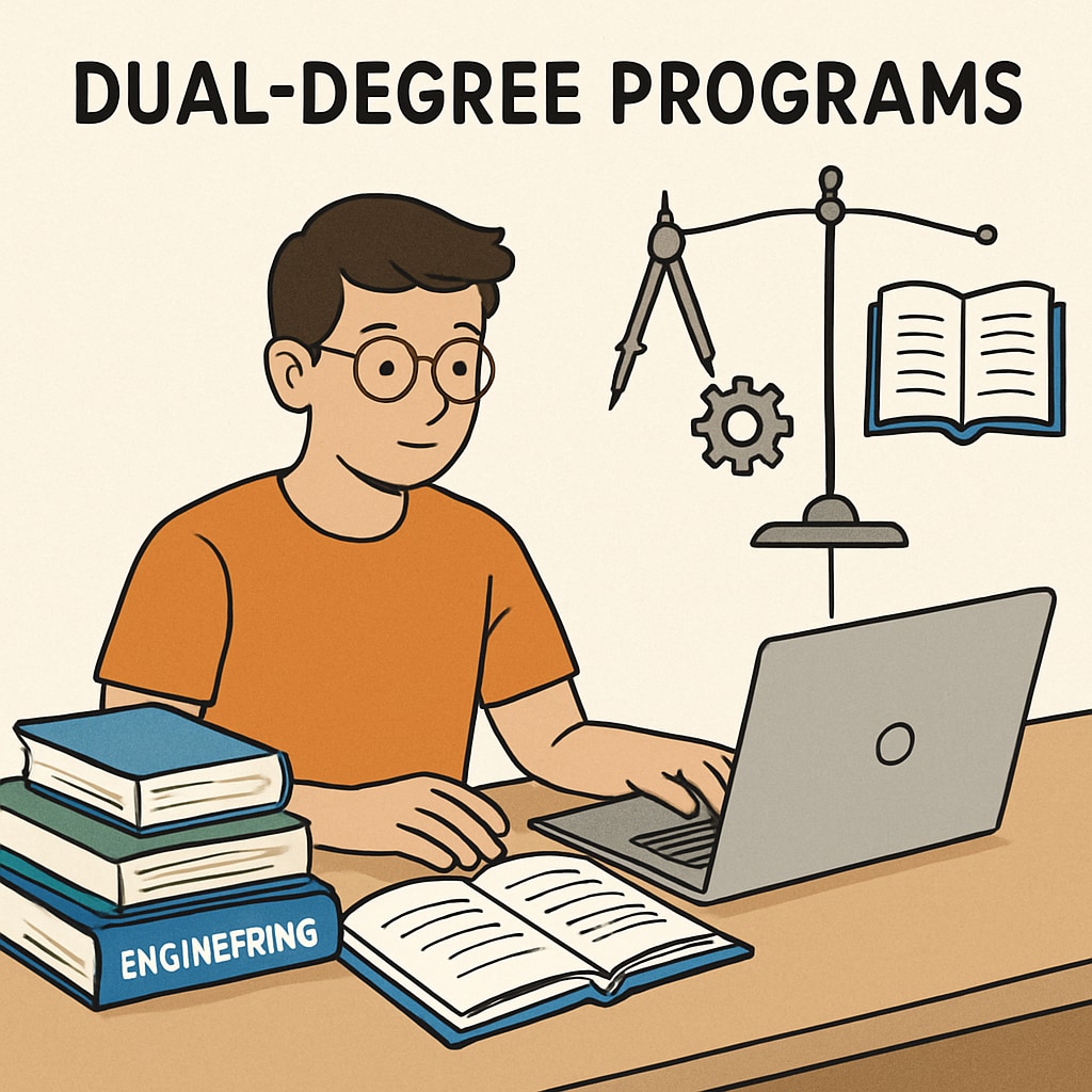 A student studying online with textbooks, a laptop, and engineering tools, symbolizing the balance of dual-degree programs. Online learning tools for dual-degree programs in education and engineering.