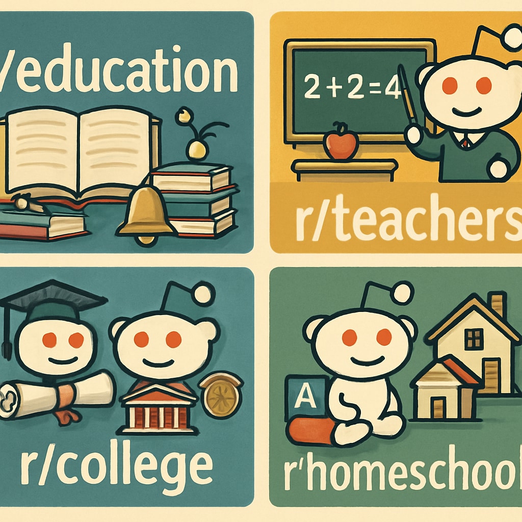 A collection of subreddit logos or banners related to education, showcasing diversity in subject focus and audience. Logos of various education-related subreddits highlighting their diversity.