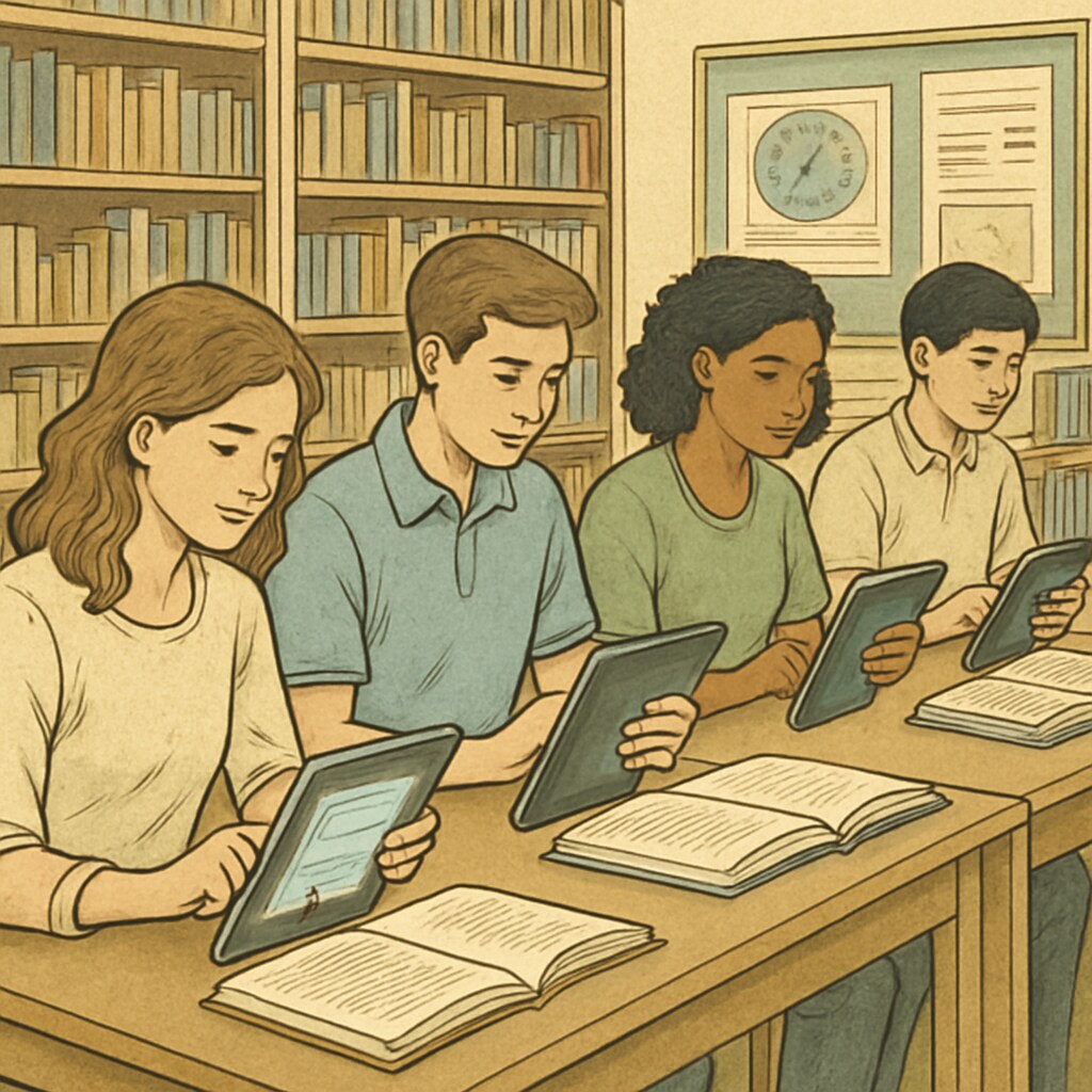 K12 students using digital tablets in a library for educational purposes.