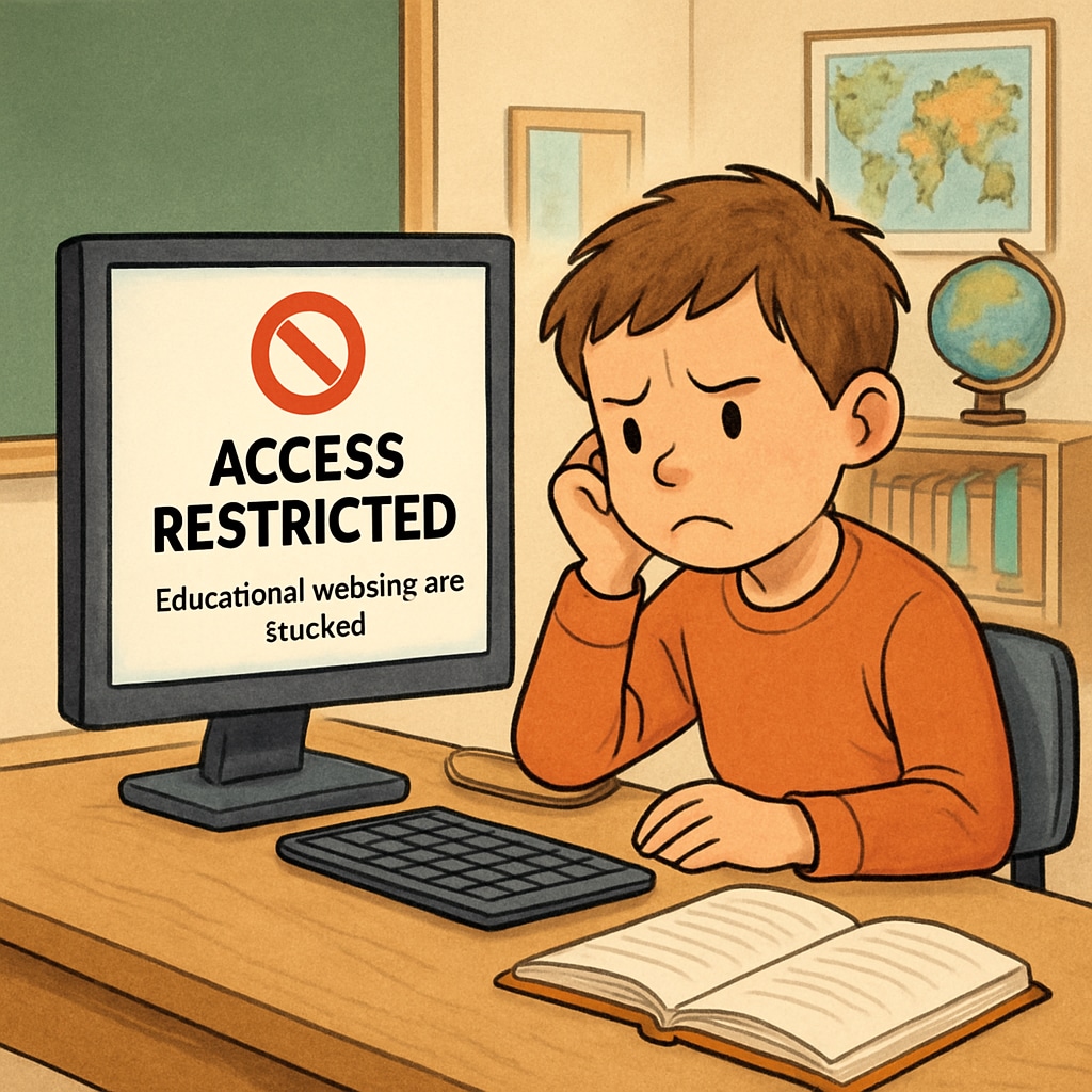 A child sitting at a computer, looking frustrated due to restricted access to educational websites A child experiencing content restrictions due to age verification laws