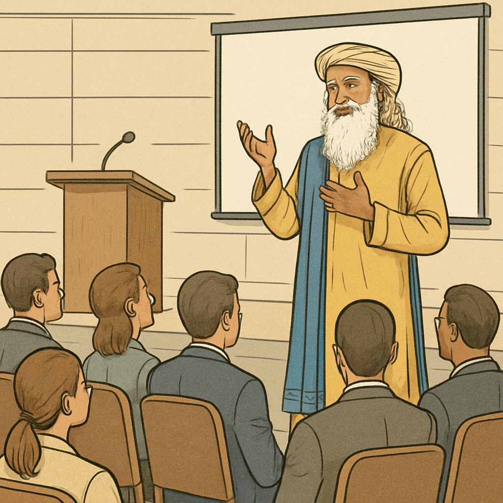 Sadhguru speaking at a leadership event, inspiring entrepreneurs with his unique philosophy. Sadhguru delivering a talk on leadership and personal growth.