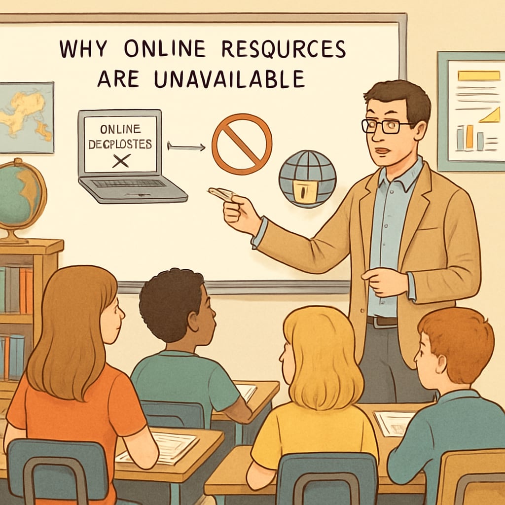 An educator in a classroom trying to explain why certain online resources are unavailable A teacher discussing the impact of age verification laws on educational content