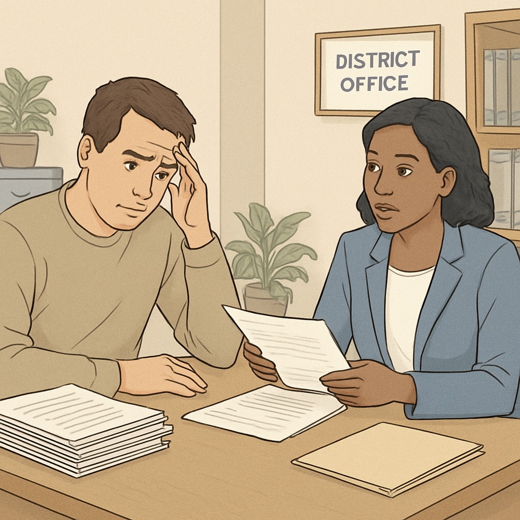 A frustrated parent discussing paperwork with a school administrator in a district office. Parent facing administrative challenges in school transfer applications.