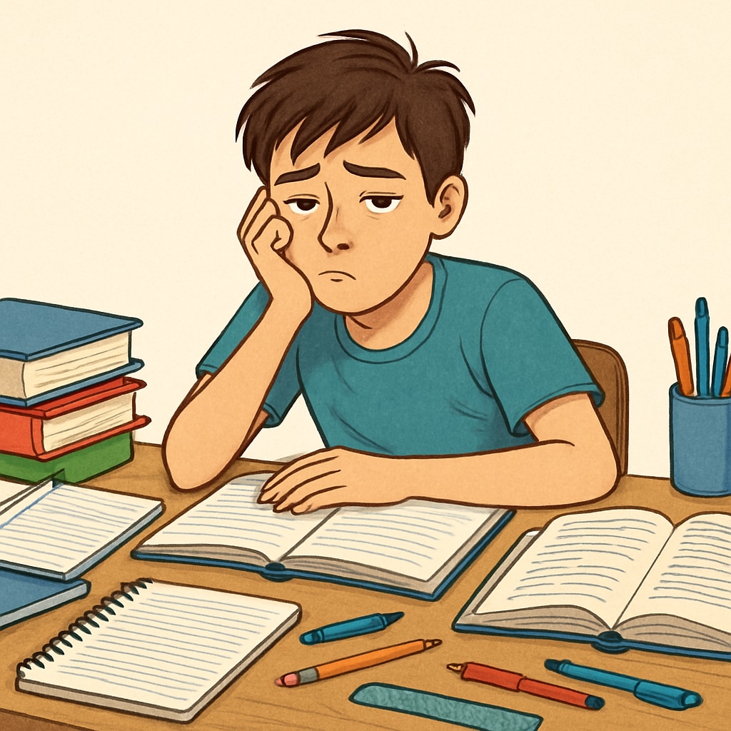A teenager sitting at a messy desk with textbooks, looking disinterested and overwhelmed. A disinterested teenager at a desk, reflecting academic challenges.