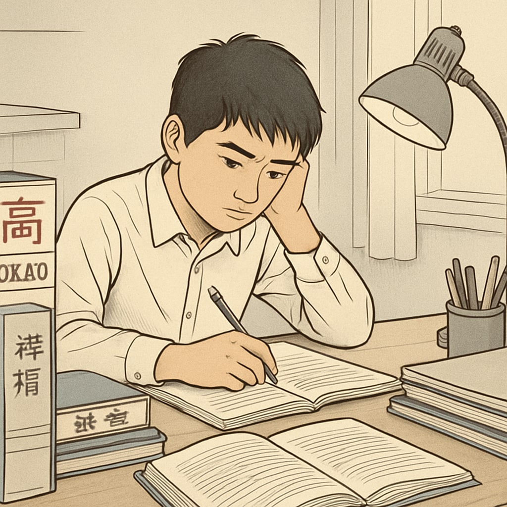 A student preparing for China's Gaokao exam, surrounded by textbooks and study materials, conveying the high-pressure environment of standardized testing. Chinese student studying for the Gaokao exam, textbooks spread around.