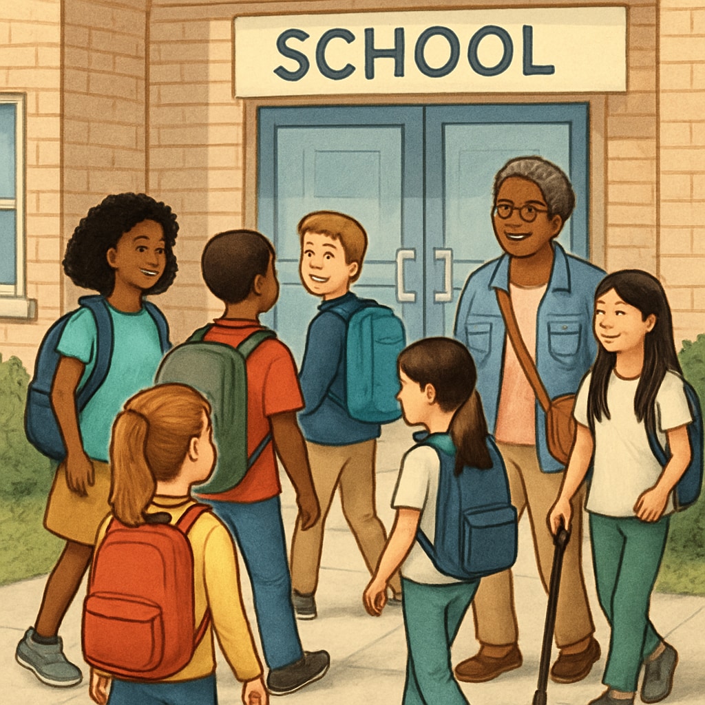 A diverse group of students walking into a school building, symbolizing inclusivity and access to education. Inclusive education and student diversity in school districts.