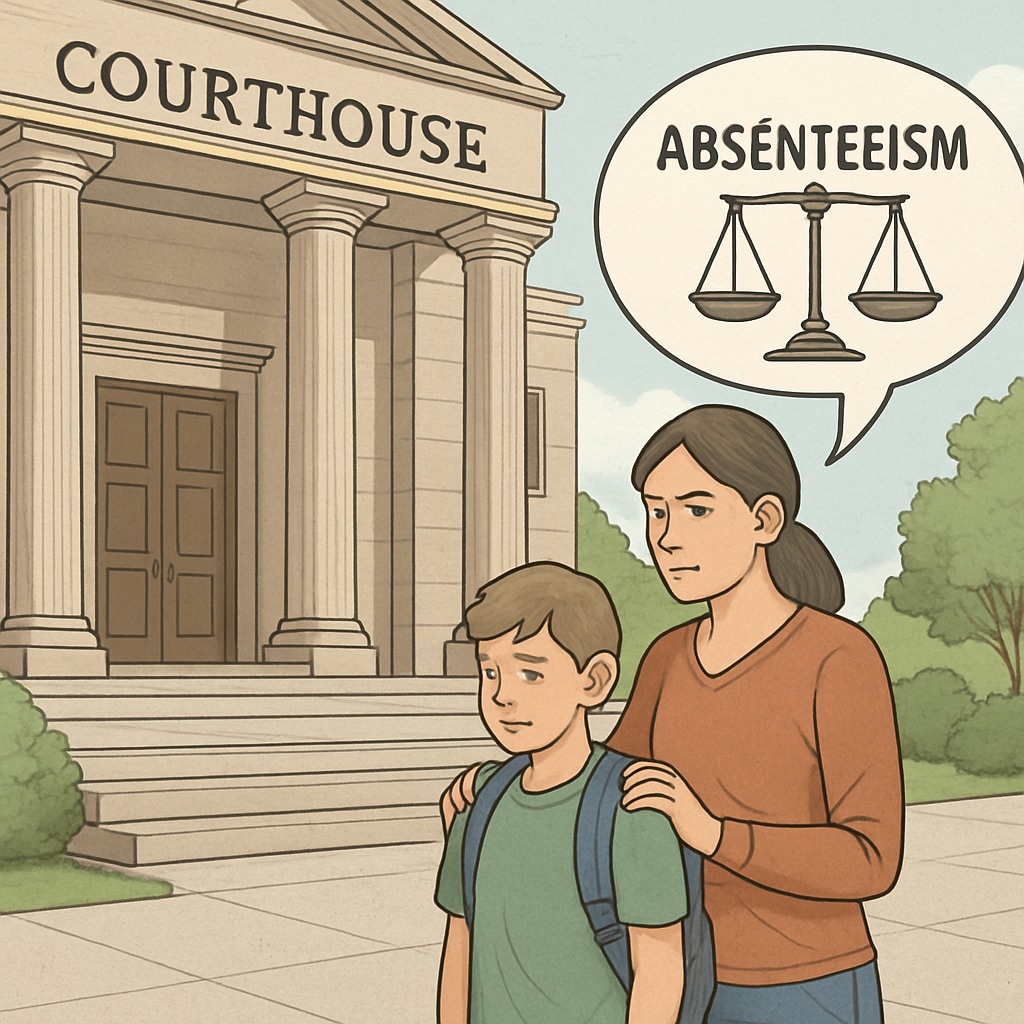 A courthouse with a parent and child, representing the legal consequences of absenteeism. Parent and child near a courthouse underlining the legal impact of absenteeism.