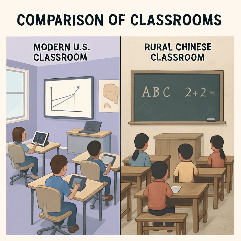 A modern U.S. classroom equipped with advanced technology, contrasted with a rural Chinese classroom, emphasizing disparities in resource allocation. U.S. classroom vs. rural Chinese classroom, highlighting resource differences.