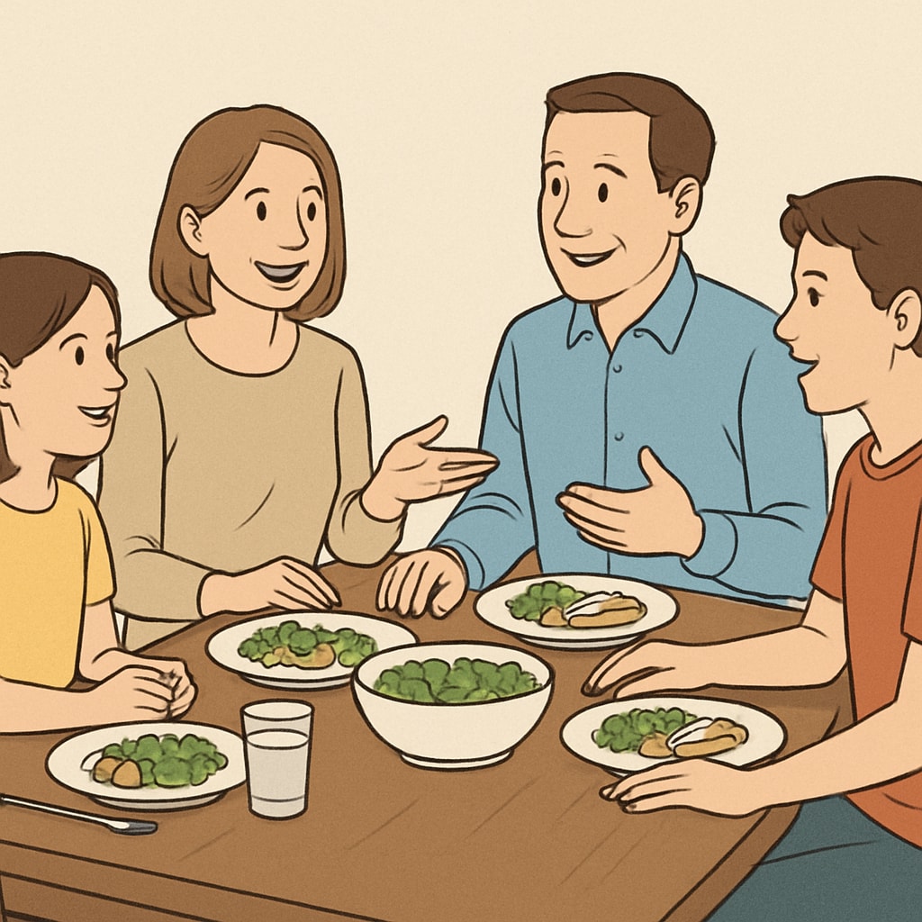 A family having a conversation around the dinner table, fostering open communication. A family discussing openly, showcasing the importance of family education.