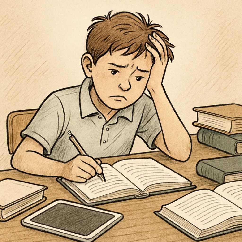 A middle school student sitting at a desk looking frustrated, with books and a tablet scattered around. A disengaged middle school student struggling with academic tasks.