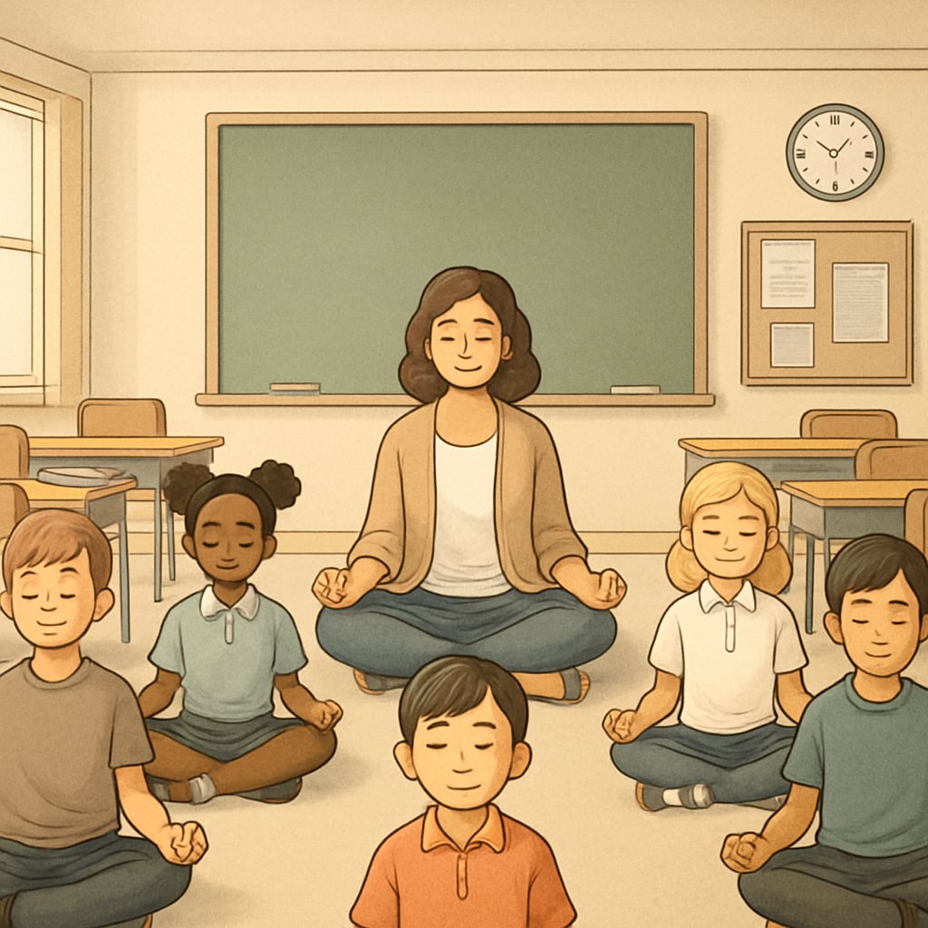 A serene classroom setting where students are practicing meditation, highlighting mindfulness in education. Students practicing meditation in a classroom, inspired by Sadhguru’s teachings