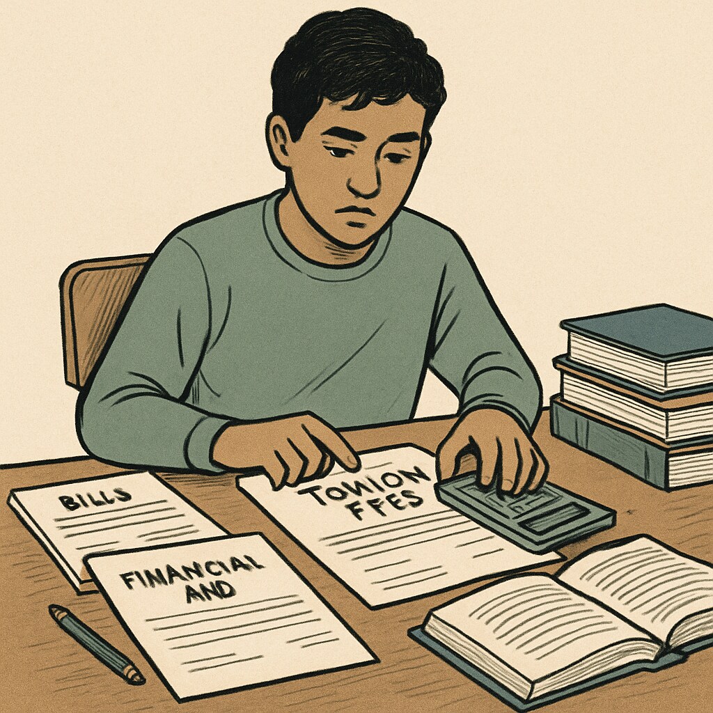 A young immigrant student sitting at a desk with financial documents, symbolizing the struggle to afford tuition fees. Immigrant student reviewing financial documents for tuition fees.