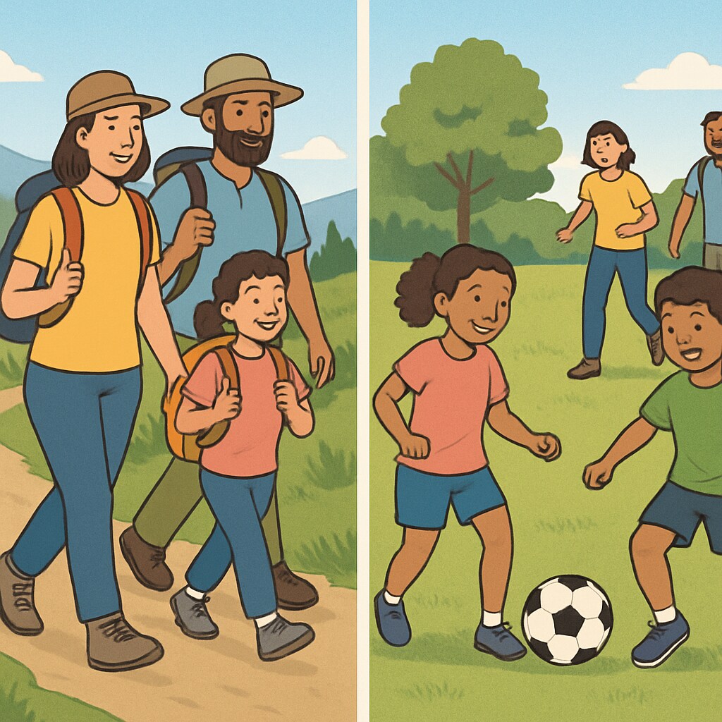 A family engaging in outdoor activities together, such as hiking or playing soccer. A family promoting healthy lifestyle habits to support childhood development.