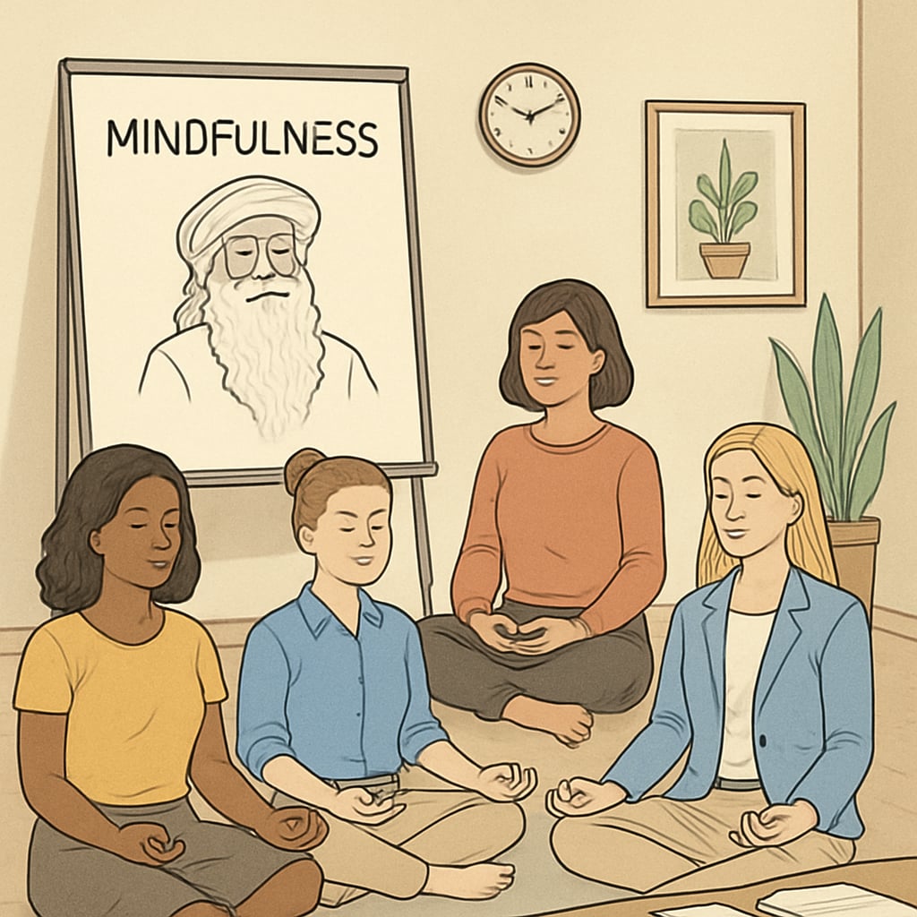 A professional workshop setting where female entrepreneurs are engaging with mindfulness techniques inspired by Sadhguru. Female entrepreneurs participating in a mindfulness workshop inspired by Sadhguru