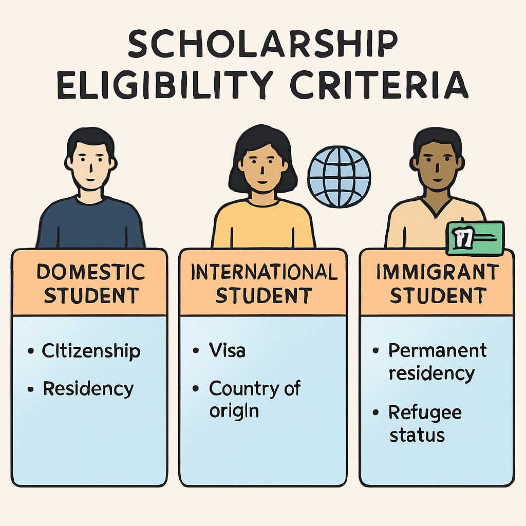 A diagram illustrating the differences in scholarship eligibility between domestic, international, and immigrant students. Diagram showing scholarship eligibility disparities for immigrant students.