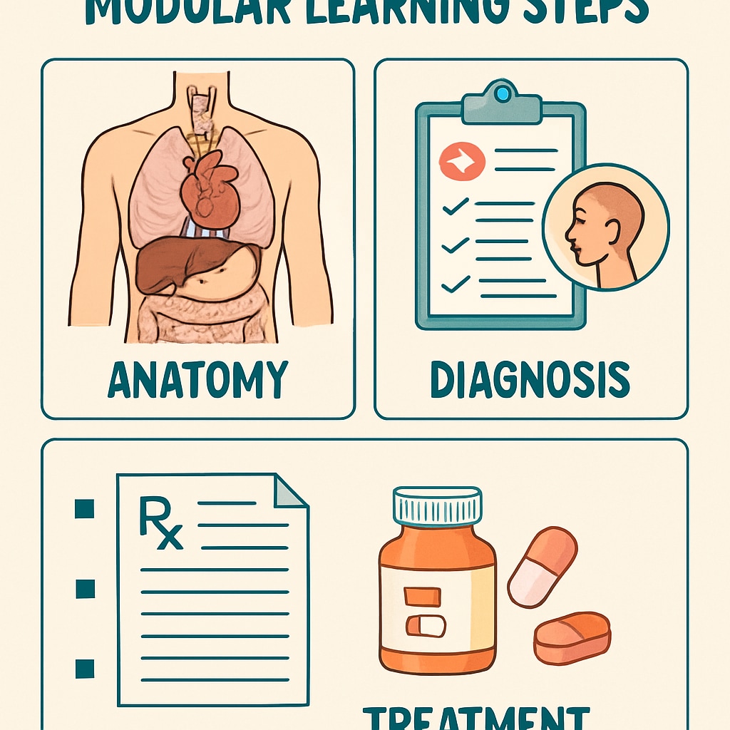A visual representation of modular learning steps, highlighting topics like anatomy, diagnosis, and treatment in easy-to-understand blocks. Modular learning steps in medical education for non-medical professionals