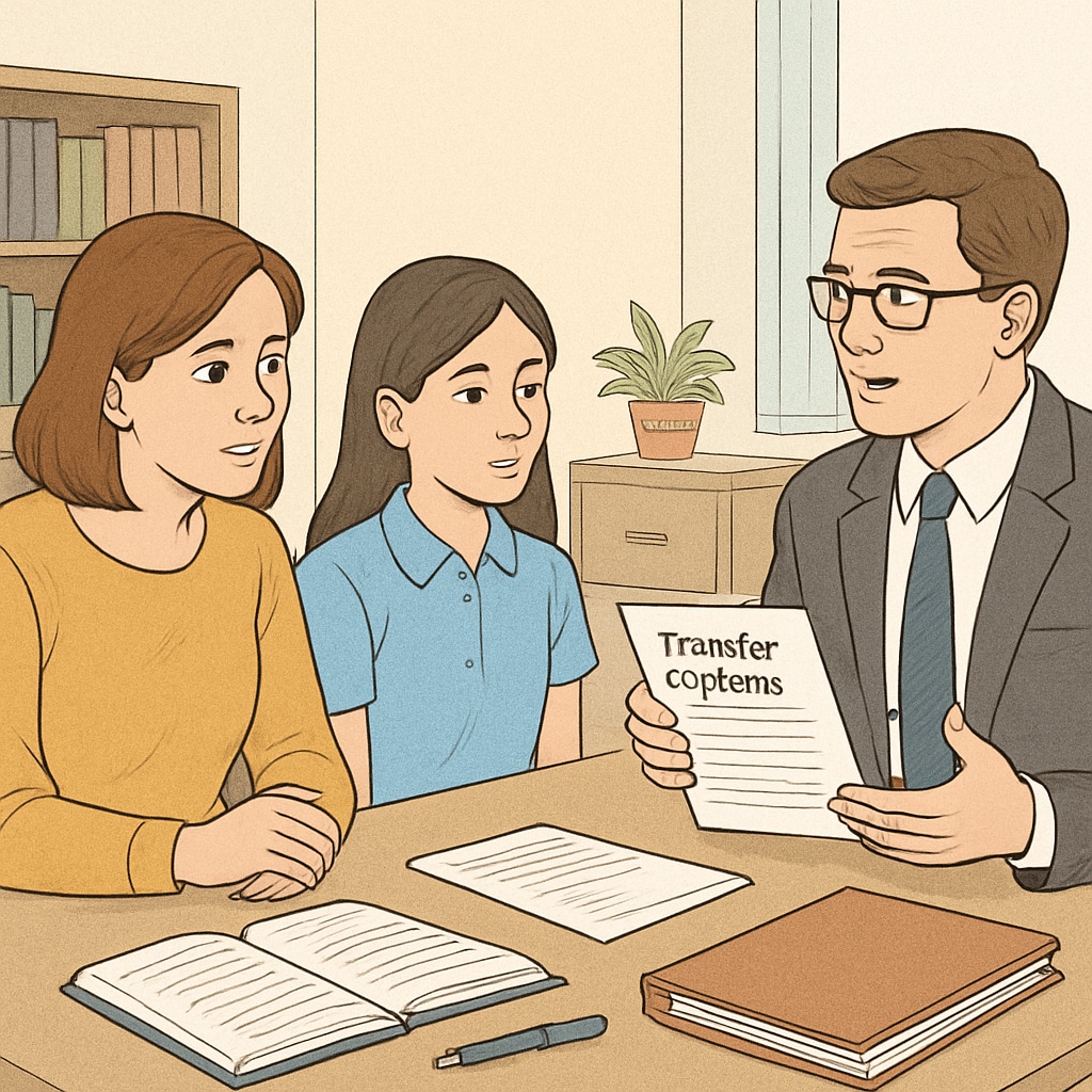 A concerned parent and child discussing school transfer options with a school administrator. Parent and child discussing school transfer related to discrimination and communication barriers.