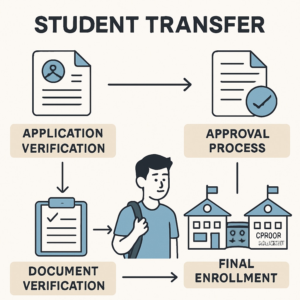 An infographic illustrating the steps involved in a student transfer process between school districts. Infographic explaining student transfer process and communication between school districts.