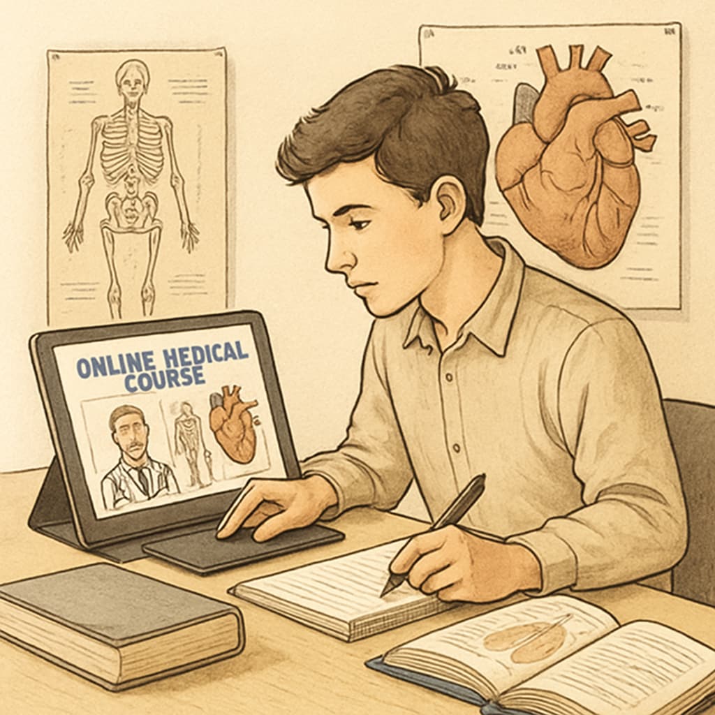 A student participating in an online medical course, using a tablet and taking notes. A student engaging in an online medical education course for non-medical learners.