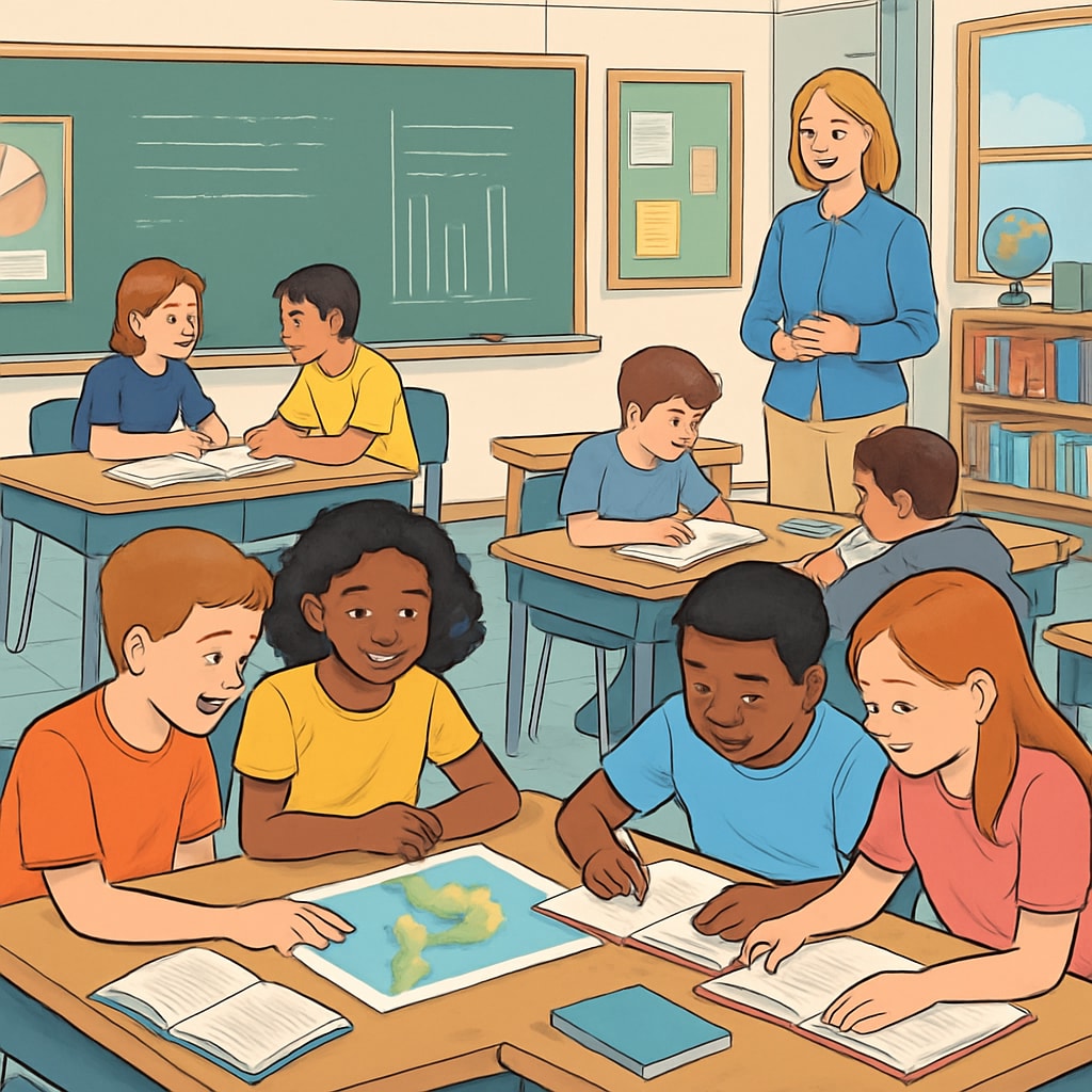 An American classroom where students work in groups on a project, symbolizing a student-centered teaching method. American students collaborating on a project, showcasing a flexible and holistic education system.
