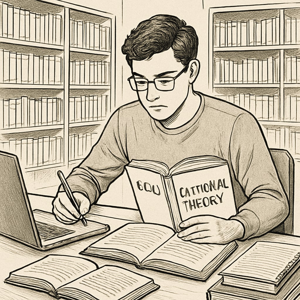 Student studying educational theory, interdisciplinary skills for biology-to-education transition.