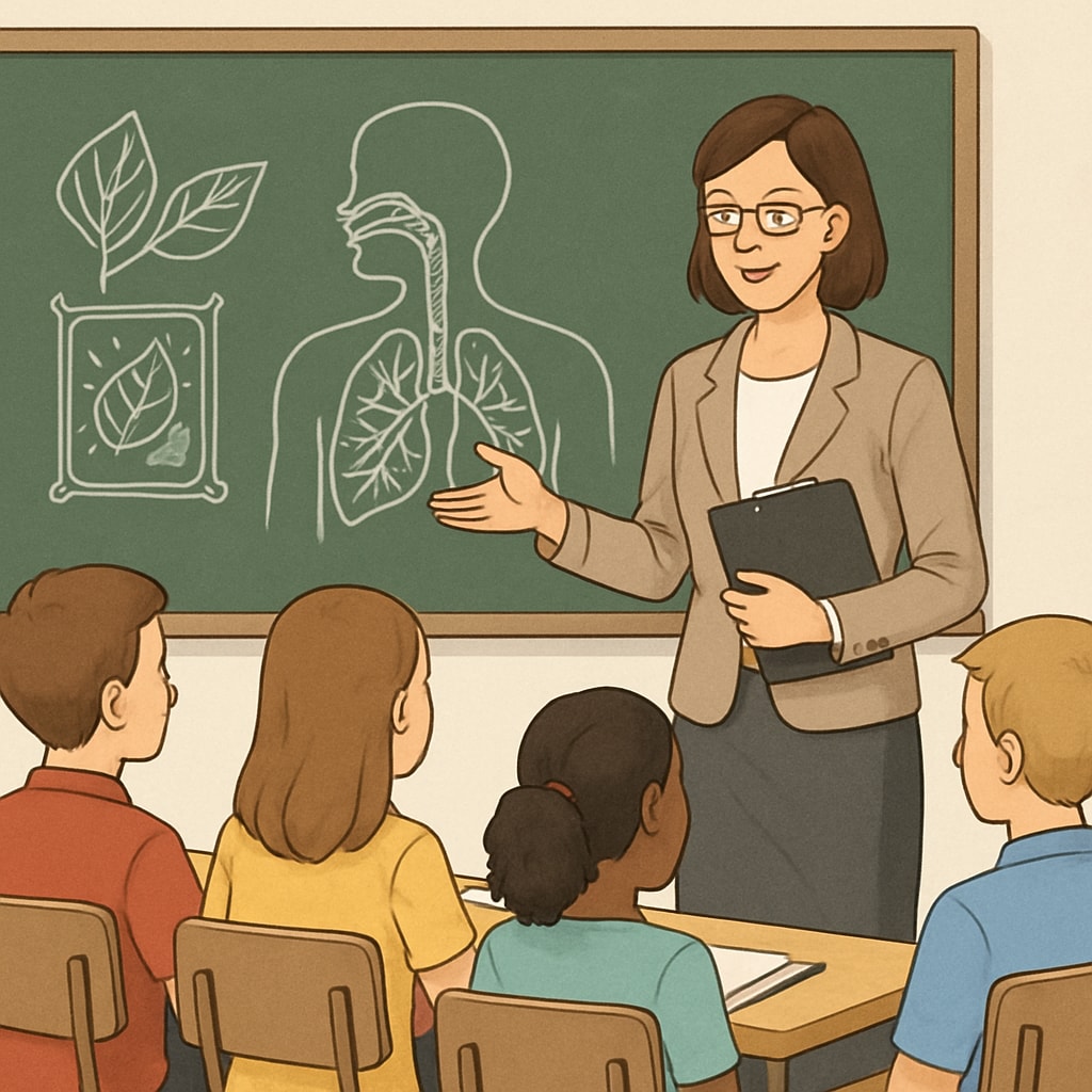 A classroom setting with a teacher explaining a biology concept to students. Biology teacher explaining concepts, representing the transition from biology to education.