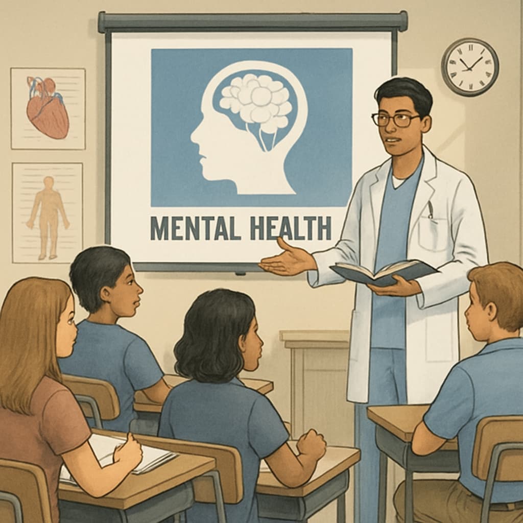 A classroom setting with a medical student presenting a mental health lecture to engaged high school students. Mental health education lecture by medical student in a high school setting.