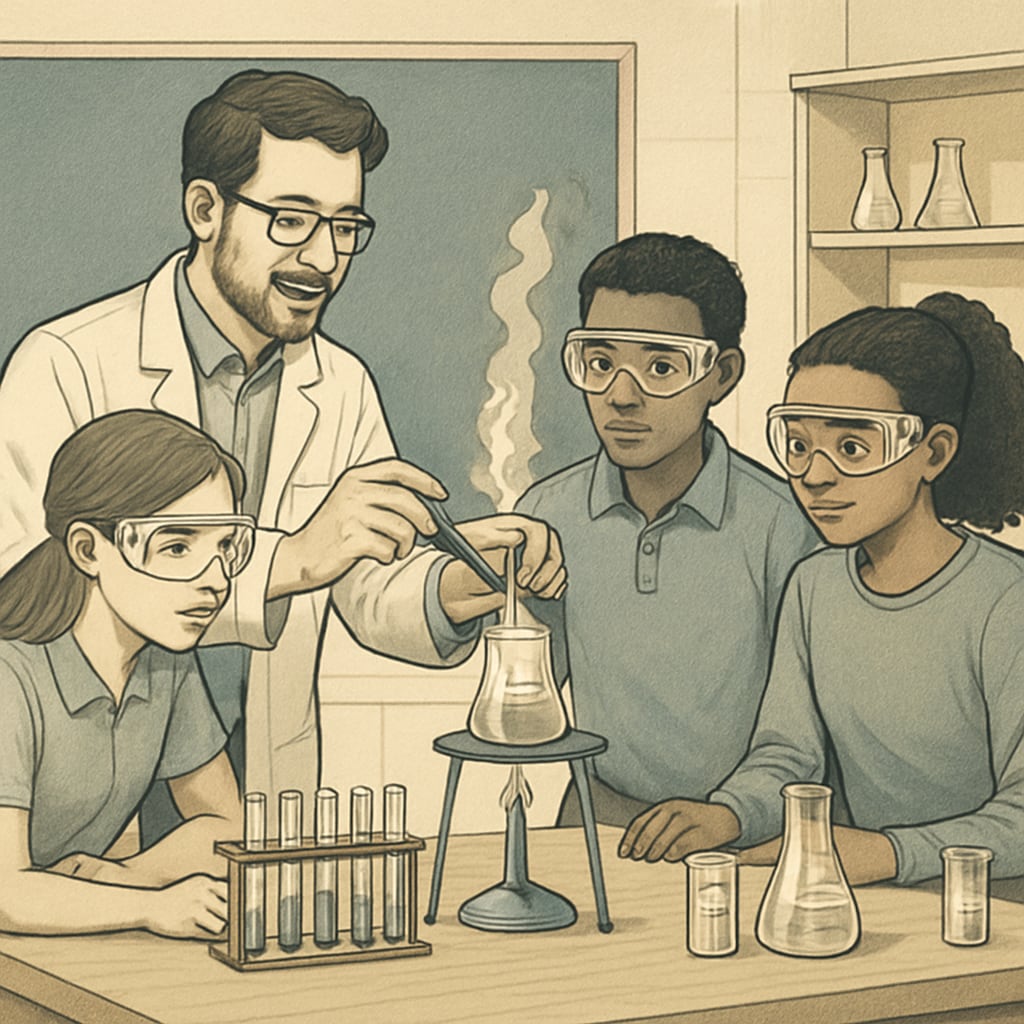 A STEM teacher conducting a hands-on experiment with high school students. STEM teacher guiding students, illustrating career opportunities in education.