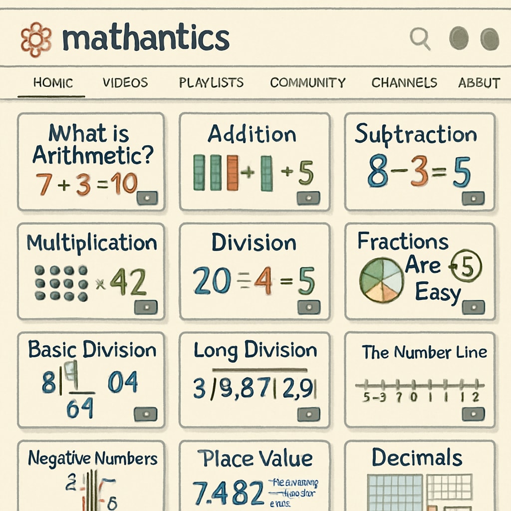 A screenshot of the Mathantics YouTube channel homepage, displaying a variety of video thumbnails for basic math tutorials. Mathantics YouTube channel homepage with thumbnails of math tutorials.