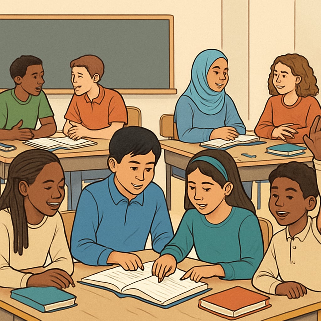 Diverse classroom representing equitable education and successful school transfers.
