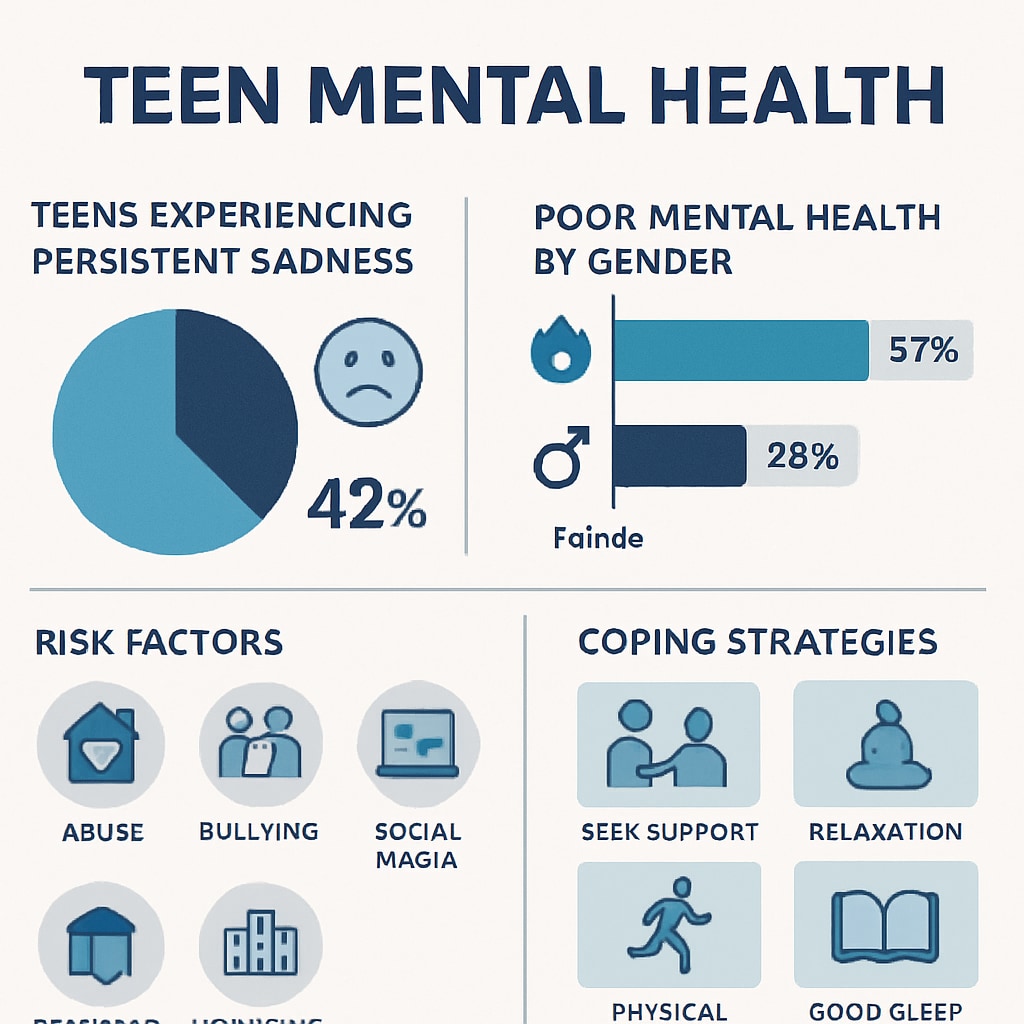 A slide presentation showing statistics on teen mental health and coping strategies. Teen mental health statistics and coping techniques slide in a presentation.