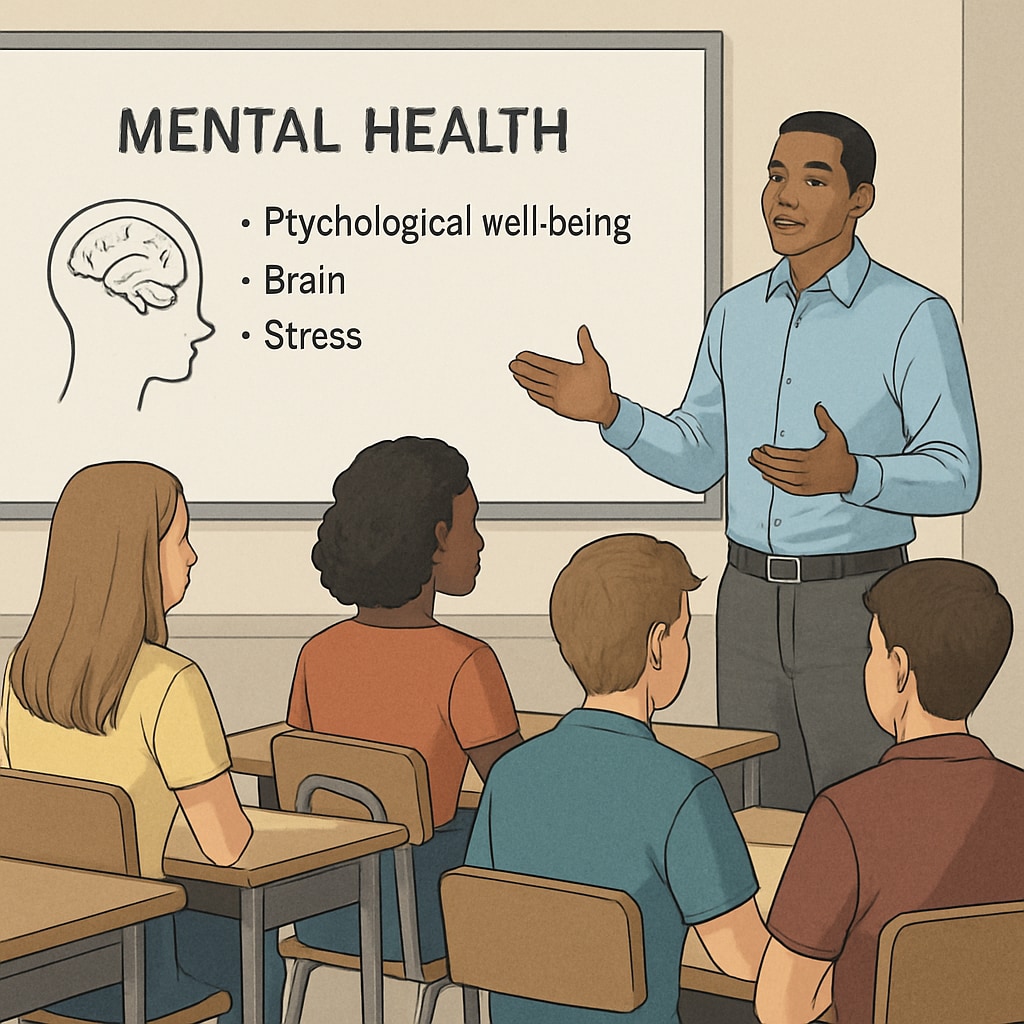 A classroom setting with high school students attentively listening to a speaker discussing mental health. High school students listening to a mental health presentation by a medical student.