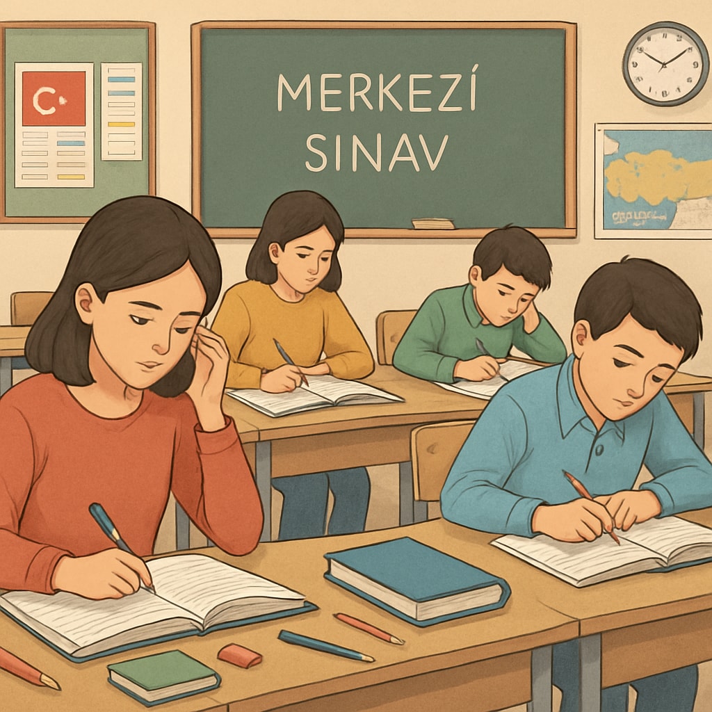 A classroom of Turkish students intensely focused on test preparation during a centralized exam. Turkish students preparing for centralized exams under high pressure.