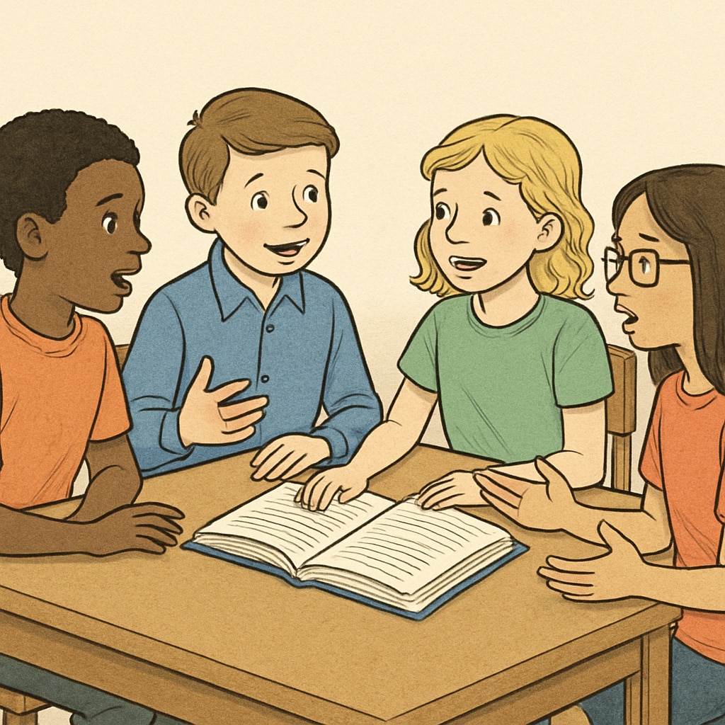 Children sitting around a table, enthusiastically discussing a book they're reading together. Elementary students discussing a book to enhance reading comprehension.