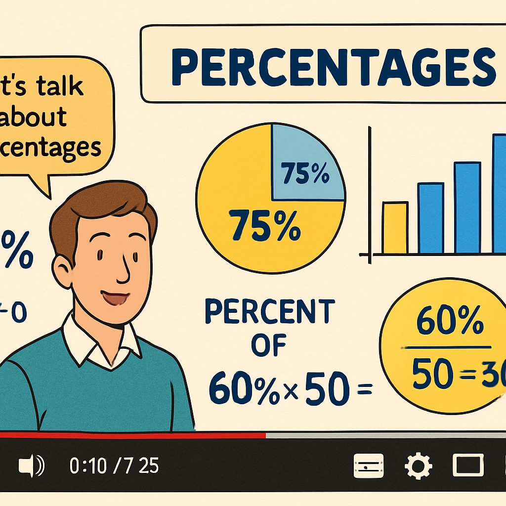 A screenshot of a YouTube video explaining percentages, with a clear and colorful educational layout. The video includes annotated visuals and teacher commentary. YouTube video teaching percentages, ideal for math skills tests