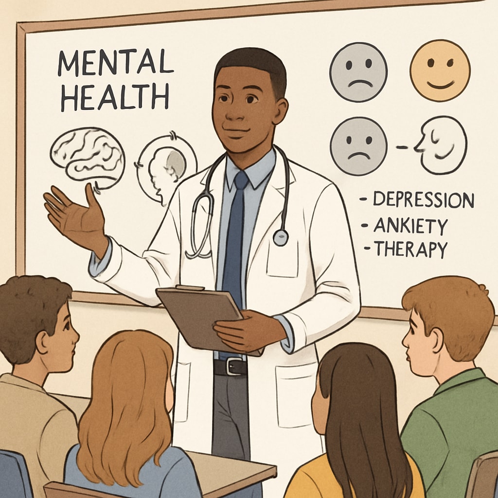 A medical student presenting a mental health topic to a group of engaged high school students, with visual aids in the background. A medical student conducting a mental health assembly for high school students.