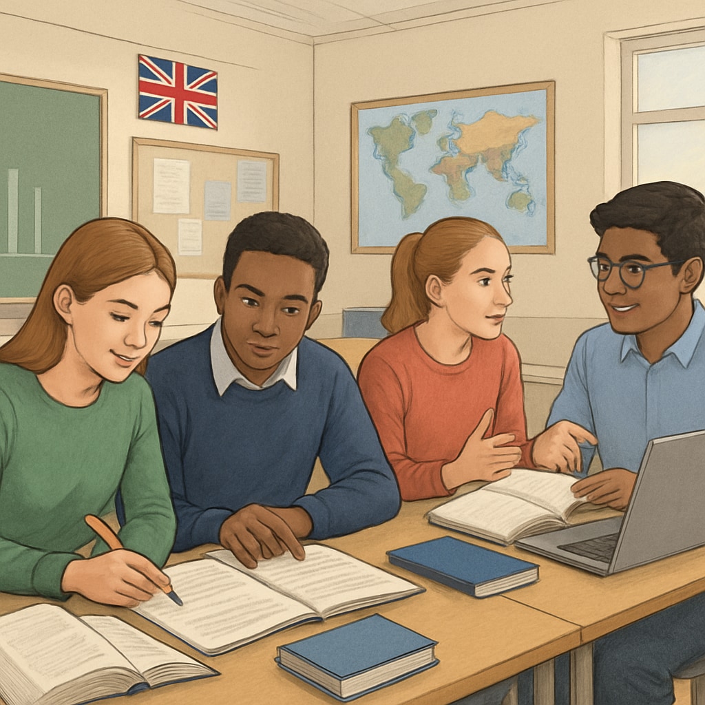Students in a UK classroom collaborating on coursework and discussing projects. UK students enjoying flexibility in A Levels coursework discussions.