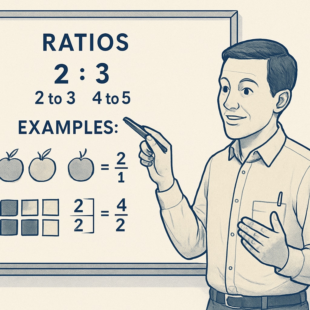 A still image from a Math Antics YouTube video showing a teacher explaining ratios on a whiteboard. The image highlights practical examples and step-by-step teaching. Math Antics video demonstrating ratios for campus recruitment math tests