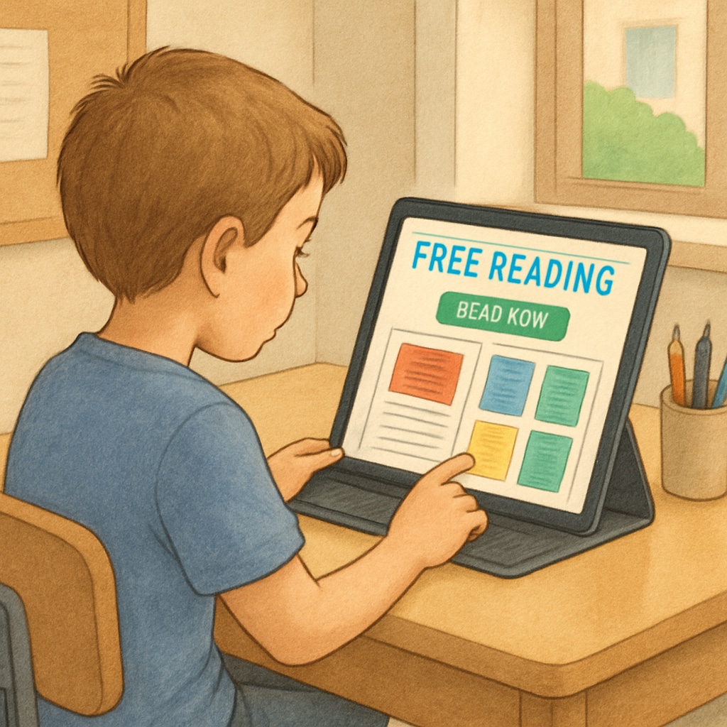 A child using a tablet or laptop, browsing a free reading resource website. A student exploring free digital platforms for reading comprehension.